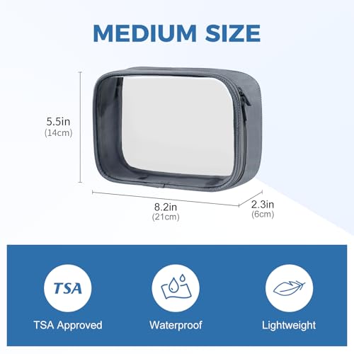 Moyad TSA Approved Clear Toiletry Bag, 1 Pack Quart Size 3-1-1 Liquids Pouch for Travel, Transparent Makeup & Cosmetic Organizer for Women Men, Grey2