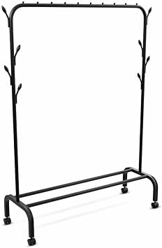 Heavy Duty Clothes Rail - Sturdy Black Metal Rack with Double Hanging Rods, Shoe Rack Shelf, 4 coat hooks, Freestanding Wardrobe Rail for Bedroom, Shop - Black Clothing Rail Rack (Without Wheels)