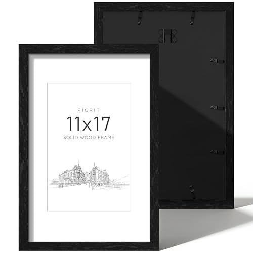 Picrit 11x17 Picture Frame Set of 2 Solid Wood with Black Backboard Displays 8x12 with Mat or 11 x 17 Without Mat Wall Mounted Multi-Piece Wall Gallery Photo Frames for Home Decor Black Wood Grain