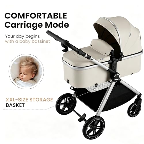 Image of Accombe 2-in-1 Convertible Baby Stroller for Newborn to Toddler | Skin-Friendly Breathable Fabric, All-Terrain Wheels for Smooth Ride, Adjustable Canopy with UPF50+ Protection