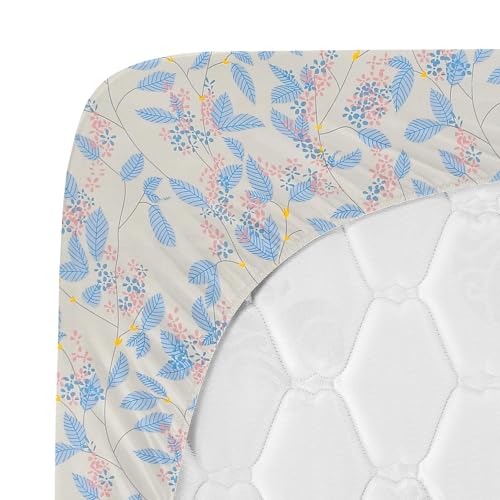 Image of HOMEKART Premium Cotton Elastic Fitted Bedsheets with 2 King Size Pillow Covers Double Bed with All Around Elastic Supersoft Size - 72 x 78 +10 inches Flower Print Off White and Blue 200 tc - 220 tc