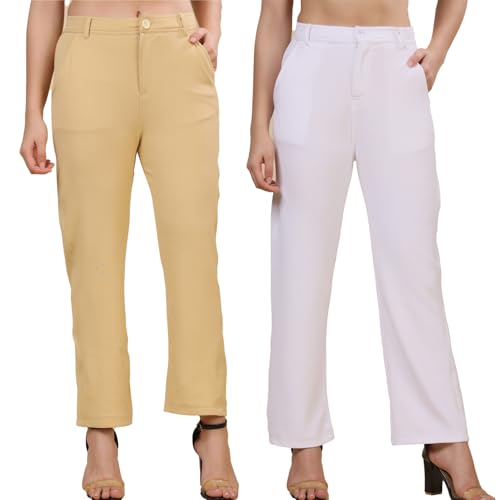 Image of Pack of 2 Women's Regular Fit Solid Cotton Blend Trousers - Soft, Breathable & Stretchable Bottom Wear for Office, Casual Outings & Daily Comfort