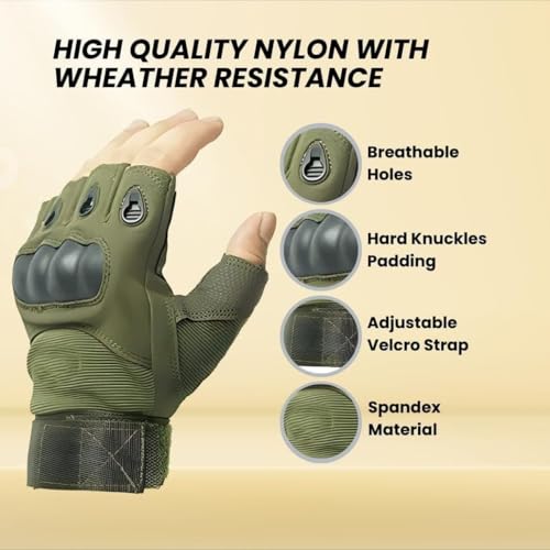 Image of MEBISO Tactical Half Finger Gloves for Men | Nylon Hard Knuckle Sports Gloves for Cycling, Hiking, Camping, Outdoor, Gym, Boxing, Motorcycle Riding, Arm Shooting (Green)