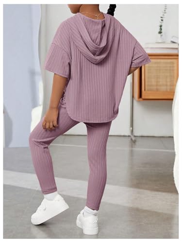 Image of Floerns Girls 2 Piece Outfit Solid Hooded Tee Shirt with Leggings Pants Set