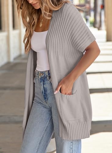 Image of SHEWIN Womens Short Sleeve Summer Cardigan Sweaters Lightweight Open Front Pleated Cover Ups Beach Vacation Clothes for Women