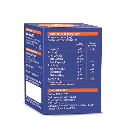 Image of Society One Minute Tea | Masala Flavour | Made with Ginger, Clove, Black Pepper, Cinnamon | Masala Chai | Flavoured Instant Tea | 14g X 10 Sachets (140g) | Pack of 1