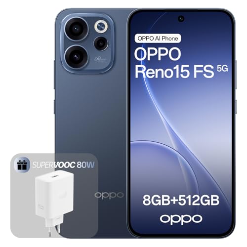 OPPO Reno15 FS 5G Smartphone Sbloccato, 8+512GB, Fotocamera Grandangolare 50MP FOV 100°, Display 6.57 120Hz, AI Portrait Glow, Batteria 6500mAh, IP69, Twilight Blue (Include Caricatore 80W SUPERVOOC)