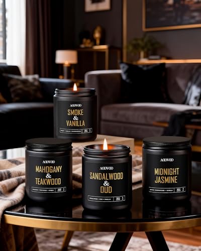 Image of AOOVOO Scented Candles for Men - 4 Pack Candles for Home Scented, 36oz Soy Wax, 200 Hour Burn Time, Men Candle Set, Sandalwood Oud /Mahogany Teakwood /Smoke Vanilla /Jasmine Candle Set A