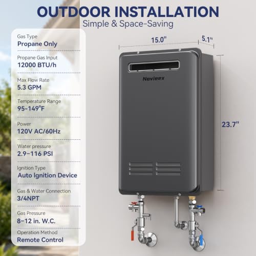 Image of Propane Tankless Water Heater Outdoor, Max 5.3 GPM, 120,000 BTU | Outdoor Installation Anti-freeze Stable Heating with 6 Safety Protections 2-4 points for the Whole Family, No Vent Required