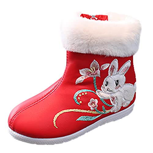 Girls Hanfu Shoes Embroidered Shoes Short Boots Embroidered Shoes Ethnic Style Plus Velvet Boots Toddler Girl (Red, 28)