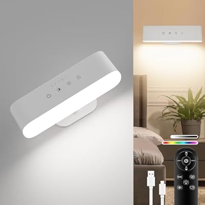 comzler Rechargeable Wall Sconces LED Wall Lights Wireless Battery Lamp for Bedroom, Touch and Remote Control, 3 Colors Wall-Light 360° Rotate Dimmable Brightness with 15 RGB Colors (1, White)