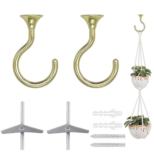 Image of Heavy Duty Ceiling Hooks for Hanging Plants 2 Pack (Gold) | Holds 30 lbs on wood & concrete, 20 lbs on drywall; 2.4 inch zinc alloy swag hook for chandeliers, macrame & wind chimes