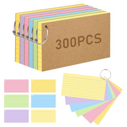 Flash Card 300 Pcs Revision Cards Index Cards Ruled Flashcards Multicolor Kraft Paper Notecards Cue Cards with 6 Metal Binder Rings for Office School Home Study Record