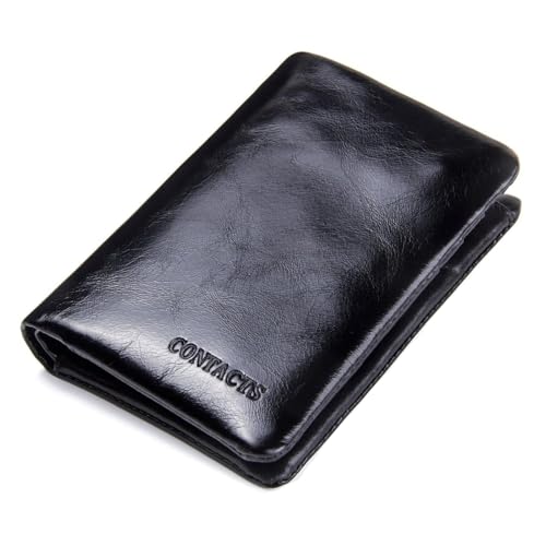 Portafoglio bifold da uomo in vera pelle con chiusura a bottone finestra ID in rete tasca portamonete con cerniera design compatto per uso quotidiano e in viaggio nero