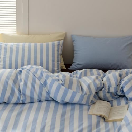 Image of Striped Duvet Cover King Size Blue White Stripes Geometric Bedding Set 3 Pieces Retro Vertical Stripe Soft Lightweight Microfiber Comforter Cover Set with Zipper Closure and 2 Pillowcases