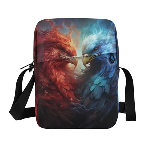 Crossbody Bag Blue Ice Fire Flame Bald Eagle Fight Messenger Bag for Women Men Purse Shoulder Bag Satchel Bag with Adjustable Strap 214A5654