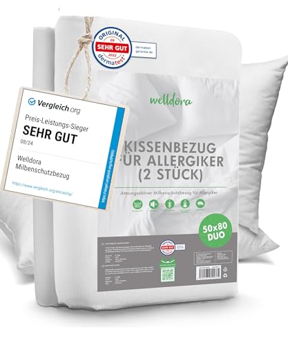 Welldora ǀ 2er-Set Milbenbezug Kissen 50x80 ǀ Allergiker Kissenbezug fachärztlich getestet ǀ Premium Encasing mit Reissverschluss ǀ Allergiker Bettwäsche
