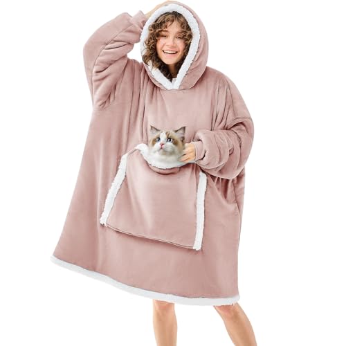 JOYWOO Pink Wearable Blanket Hoodie,Oversized Cat Lovers Sweatshirt Blanket for Adult,Birthday Gifts for Women,Mom,Girlfriend,Cozy Hooded Blanket with Giant Pocket and Winter Gifts,Dusty Pink Standard