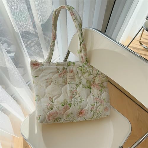Image of Floral Quilted Cotton Shoulder Bag for Women Medium Size Handbag Large Capacity Thickened Design Tote
