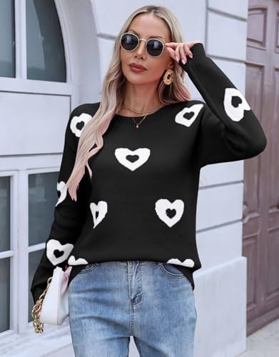 Image of Womens Cute Heart Sweater Crew Neck Long Sleeve Pullover Valentines Sweater