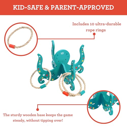 Image of Petit Collage: Happy Octopus Wooden Hoopla - Wooden Carnival Ring Toss Game with Rope Rings - Perfect for Indoor or Outdoor Play - Great Birthday Party Activity or Gift for Kids Ages 3+