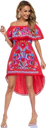 Image of YZXDORWJ Women's Mexican Asymmetrical Dress Embroidered Floral Off-Shoulder Cocktail Latina Fiesta Dress