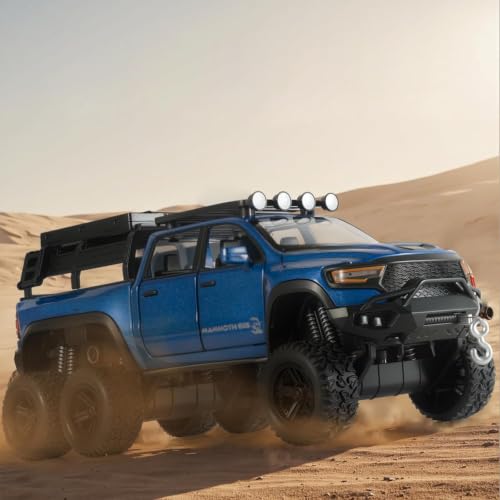 Image of RAM Mammoth Pick-Up Model Car 1:32 Exclusive Alloy Metal Pull Back Die-cast Car Die-cast Metal Pullback Toy car with Openable Doors & Light Music, Blue Six Wheel