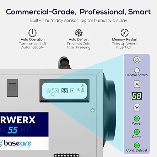 Baseaire Basement Crawl Space Dehumidifier 113 Pint With Continuous Drain Hose, Compact Commercial Industrial Home Dehumidifiers For Basements Crawlspace Garage Attic Whole House, 5 Years Warranty #TOP2