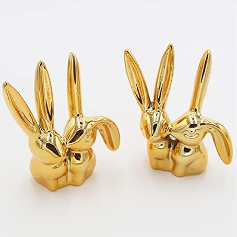 Hananona 2 Pcs Ceramic Animal Bunny Figurines Ornaments, Gold Ceramic Rabbit Bunny Rings Holder Easter Home Decor Sculptures and Statues Handmade Artware Gifts (Gold Bunny Couple) Cover