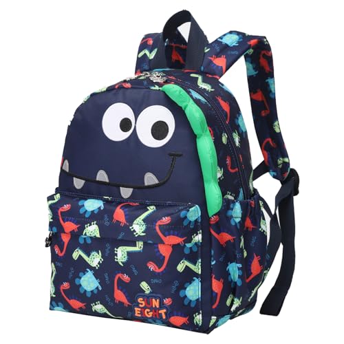 SUN EIGHT Preschool Toddler Kids Backpack Small 3D Cartoon Dinosaur Lunch Daycare School Bookbag Animal Travel Bags for Boy For 2-5 Years old (Cute Dinosaur) (Navy)
