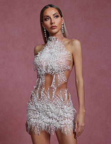 BELLA BARNETT Elegant Silver Mesh Beaded Embellished Halter Neck Bodycon Party Dress2