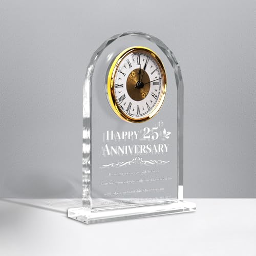 QAZMJUE 25th Wedding Anniversary Clock Gifts for Couples - Elegant Crystal Glass Clock Keepsake for Husband & Wife - Unique Home Decor for 25 Years of Marriage