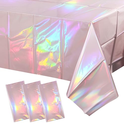 Image of 3 Pack Iridescent Light Pink Tablecloth for Parties, Pastel Pink Holographic Plastic Table Cover, Disposable Laser Baby Pink Table Cloth for Birthday Wedding Baby Shower Party Decorations, 54x108 Inch