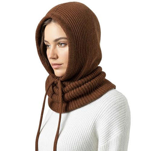 Dresyu Hooded Scarf Hat Snoods for Women Winter Balaclava Neck Warmer Hood Hat with Drawstring,Knit Skull Cap Beanie Men Neck Gaiters Soft Chunky Windproof Pullover Snood for Outdoor