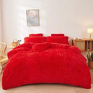 Fluffy Red comforters Cover Twin Size - Ultra Soft Plush red Bedding Sets 2 Pieces (1 Faux Fur Comforter Cover + 1 Fuzzy Pillow case) Girls Shaggy red Twin Bed Set (Red, Twin)