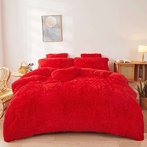 Fluffy Red comforters Cover Twin Size - Ultra Soft Plush red Bedding Sets 2 Pieces (1 Faux Fur Comforter Cover + 1 Fuzzy Pillow case) Girls Shaggy red Twin Bed Set (Red, Twin)