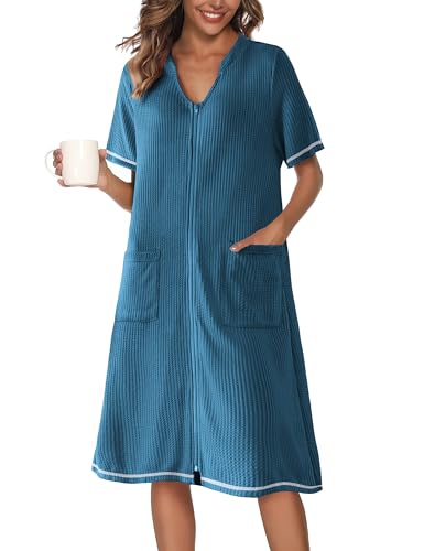 Ekouaer Women Zipper Robes Waffle Short Sleeve Lightweight Housecoat Knee Length Bathrobe Dressing Gown with Pockets S-3XL