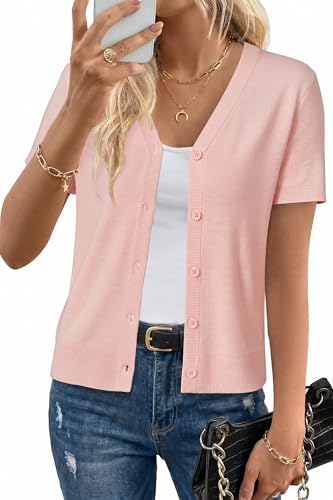Image of Arach&Cloz Women's Wool Blend Short Sleeve Lightweight Cardigan Business Casual Summer Sweaters Tops