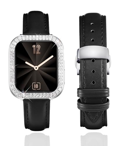 BINLUN Leather Band Compatible with Apple Watch 46mm 45mm 44mm 42mm 41mm 40mm Women Leather Strap with Glitter Case Compatible with iWatch Series 11/10/9/8/7/SE3/SE2/SE/6/5/4(41mm,Black-Silver