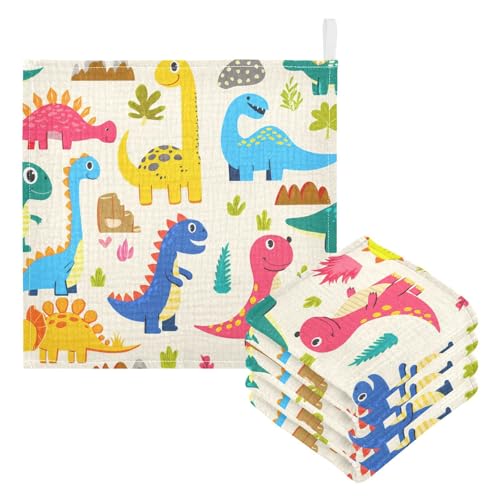 Kigai Cute Cartoon Dinosaur Baby Washcloths,5pcs Ultra Soft Absorbent Towel,Newborn Bath Face Towel, Natural Reusable Baby Wipes for Sensitive Skin, Baby Registry as Shower