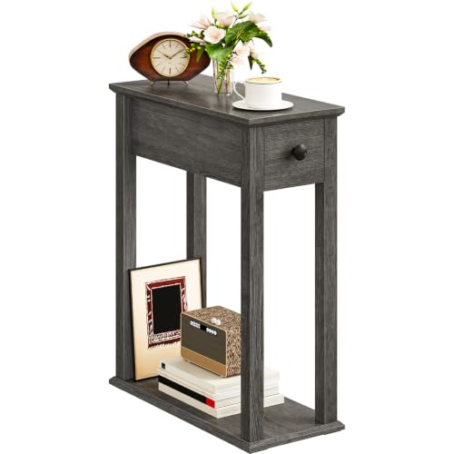 Image of CHOEZON Farmhouse End Table, 2-Tier Narrow Side Table with Drawer, Wooden Nightstand, for Small Space, Living Room, Bedroom