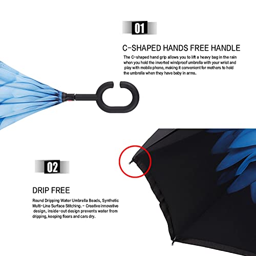 Image of MRTLLOA 40 /49 /56 Inch Oversize Windproof Inverted Reverse Upside Down Umbrella, Golf Size Rain Umbrella, Double Layer, C-Shaped Handle for Men, Women and Kids (Blue Daisy, 49 Inch)
