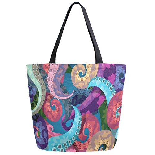 Cartoon Colors Octopus Pattern Extra Large Canvas Shoulder Tote Top Storage Handle Bag for Gym Beach Weekender Travel Reusable G