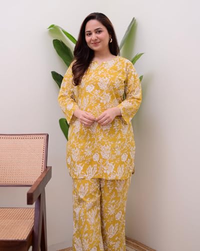 Image of MEERA FAB Women Printed V-Neck Pure Cotton Tunic with Trousers Co-Ords Set