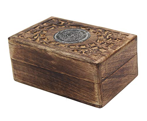 Hand Carved Chakra Jewelry Trinket Keepsake Wooden Storage Box (Crown)