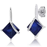 7mm Princess Cut Created Blue Sapphire Drop Earrings in Sterling Silver