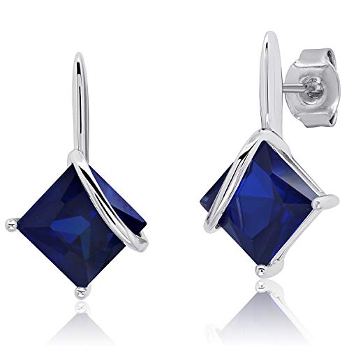 925 Sterling Silver Princess Cut Created Blue Sapphire Square Drop Dangle Earrings For Women 7Mm September Birthstone With Push Backs By Max + Stone #TOP22