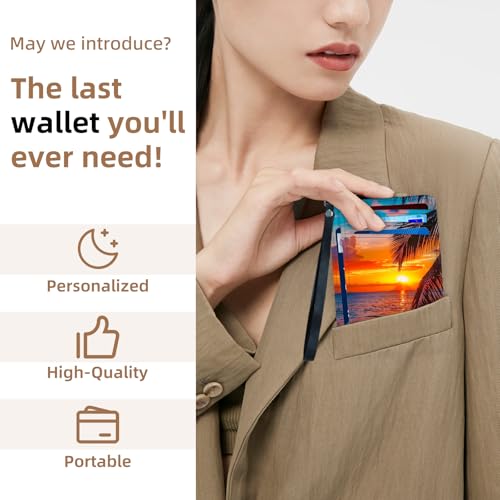 Credit Holder Slim Wallet, PU Leather RFID Blocking, Women & Men Front Pocket Small Card Holder, Credit Card Wallet with Wristlet, Convenient Travel Business, Seaside Sunset4