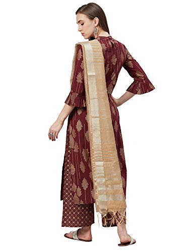 Image of INDO ERA Women's Pure Cotton Printed Straight Kurta Palazzo With Dupatta Set(IE21KS0GN1500)