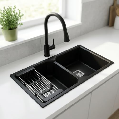 Image of GLOXY Premium Quartz Granite Double Bowl Kitchen Sink 37x18x9 Inches - Scratch Resistant Double Bowl Sink with Black Matte Finish - Undermount & Topmount Sink With Drainer Basket Coupling Hose Pipe